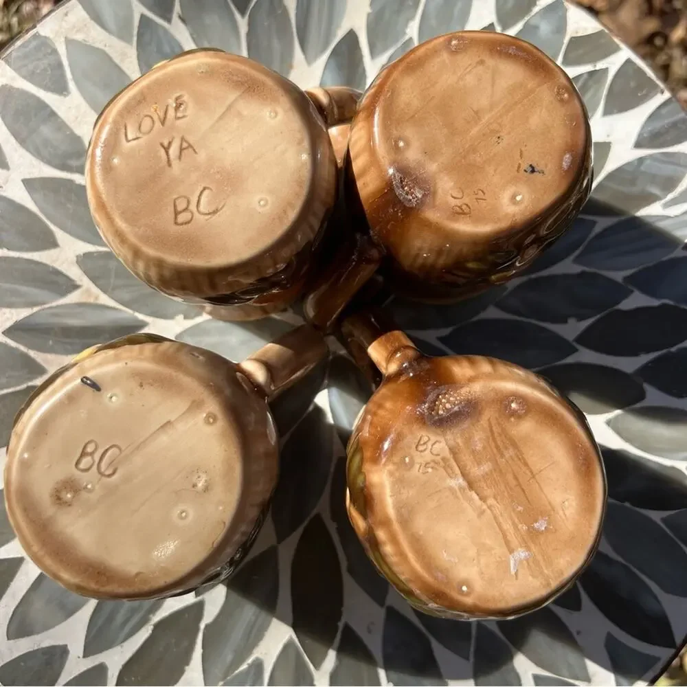 Vintage 70s Mushroom Coffee Mugs Set of 4 Retro Hippie Groovy Hand Painted